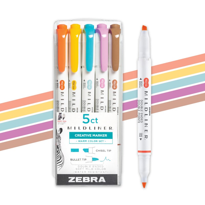 Zebra Pen Mildliner Dual-Tip Highlighter Set, Broad and Fine Point Tips, No Bleed, Ideal for Bible Highlighting, Journaling, Note-Taking and School Supplies, Assorted Warm Ink Colors, 5-Pack (78305) - Image 1